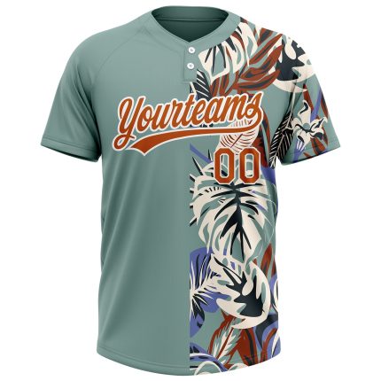 Custom Teal Texas Orange-White Softball Jersey with 3D Tropical Palm Leaves, Unisex Two-Button, Personalized Name & Number