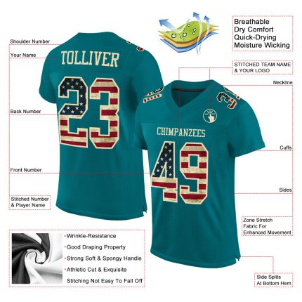 Custom Name and Number Vintage USA Flag Football Jersey Teal Cream Mesh Authentic Team Apparel Personalized Teal Vintage
