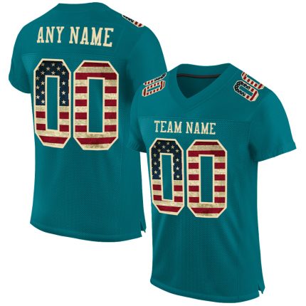 Custom Name and Number Vintage USA Flag Football Jersey Teal Cream Mesh Authentic Team Apparel Personalized Teal Vintage