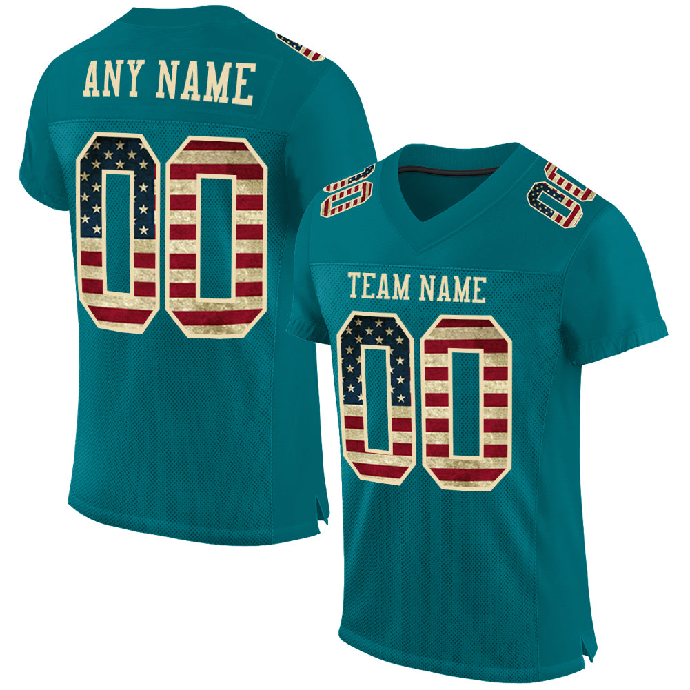 Custom Name and Number Vintage USA Flag Football Jersey Teal Cream Mesh Authentic Team Apparel Personalized Teal Vintage