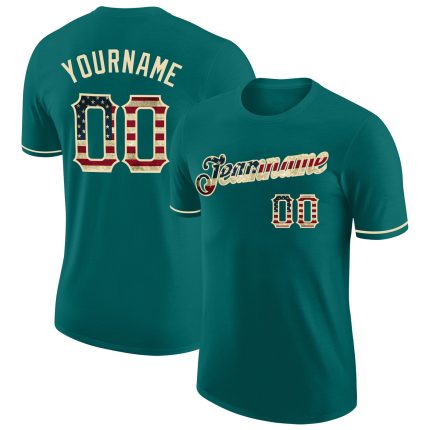 Personalized City Cream Performance T-Shirt with Vintage Teal USA Flag - Custom Name & Number Personalized Teal Vintage USA
