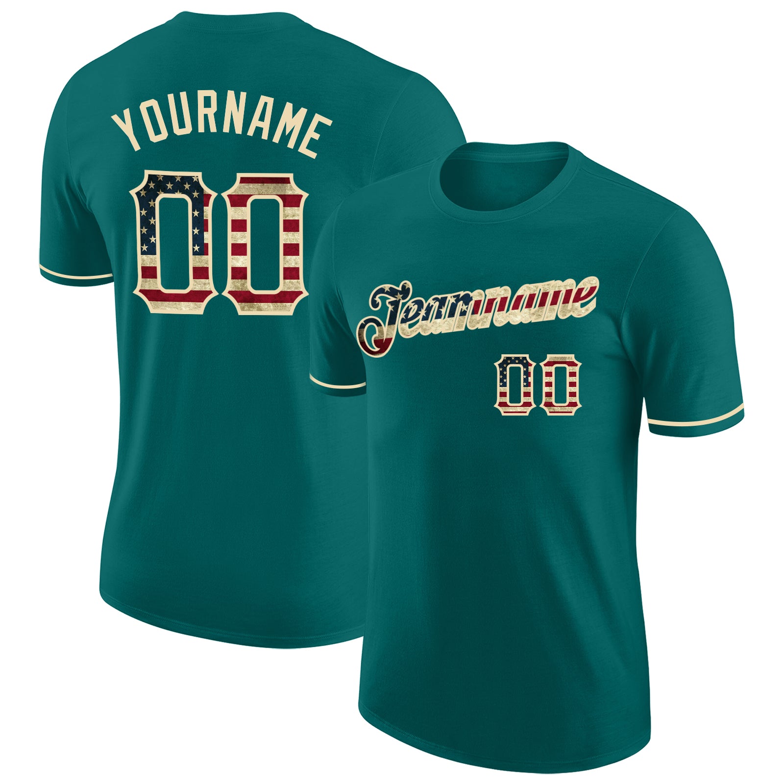 Personalized City Cream Performance T-Shirt with Vintage Teal USA Flag - Custom Name & Number Personalized Teal Vintage USA