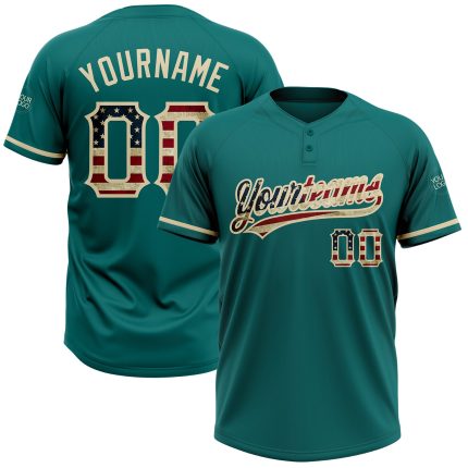 Custom Vintage USA Flag Teal Softball Jersey Unisex Two-Button Cream Team Name & Number, Personalized Personalized Teal Vintage