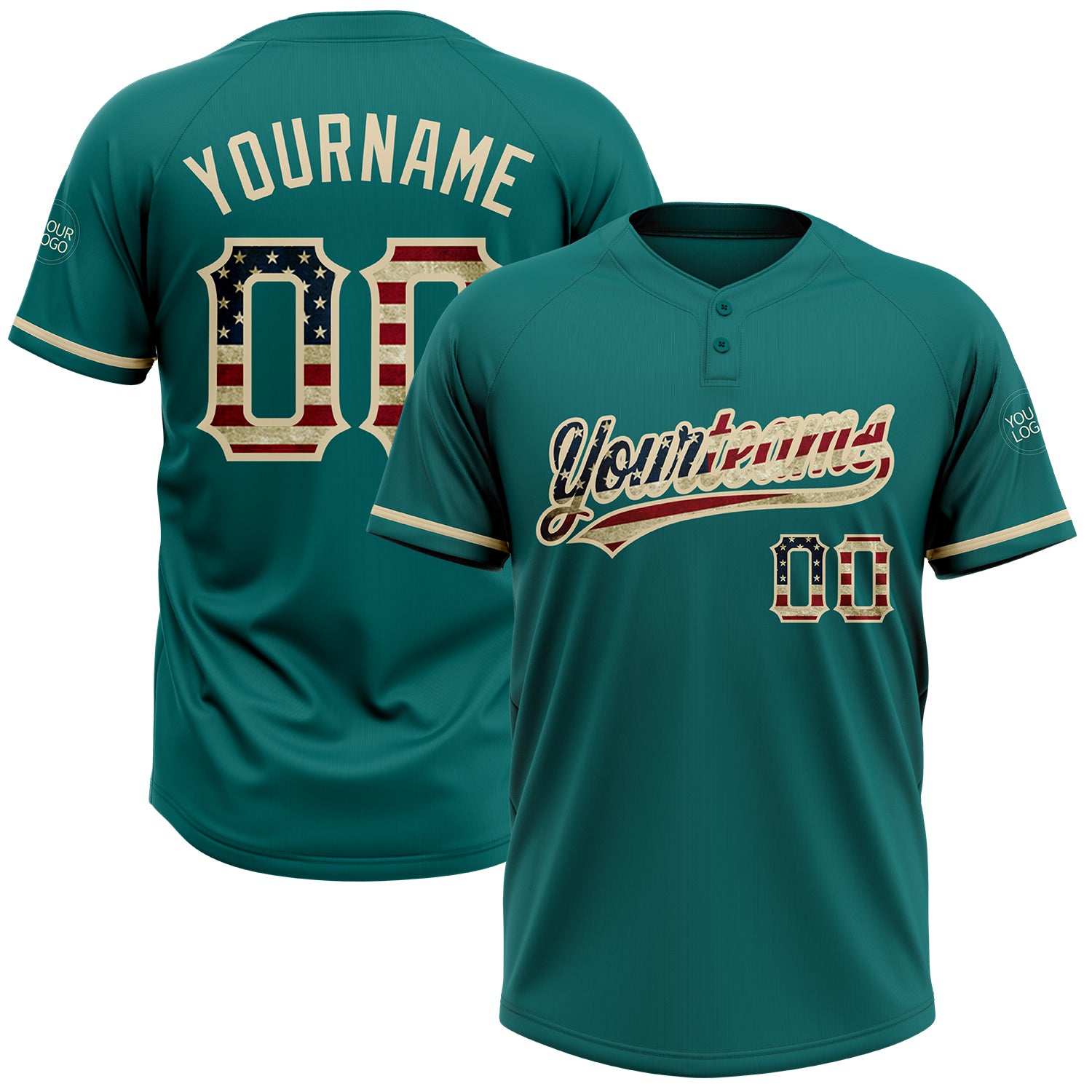 Custom Vintage USA Flag Teal Softball Jersey Unisex Two-Button Cream Team Name & Number, Personalized Personalized Teal Vintage