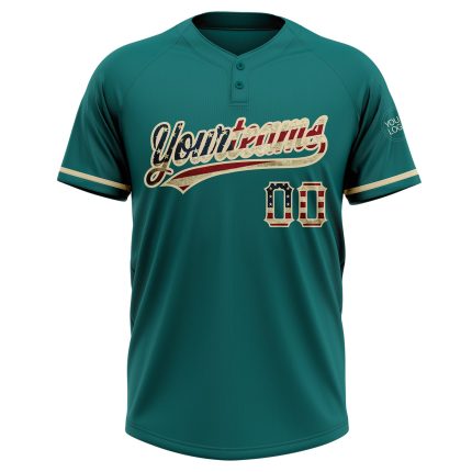 Custom Vintage USA Flag Teal Softball Jersey Unisex Two-Button Cream Team Name & Number, Personalized Personalized Teal Vintage