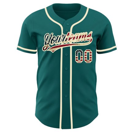 Custom Name & Number Personalized Teal USA Flag Vintage Baseball Jersey, Authentic Cream Design Personalized Teal Vintage