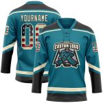 Custom Vintage USA Flag Hockey Lace Neck Jersey - Personalized Teal Cream-Black Team Name & Number Personalized Teal Vintage