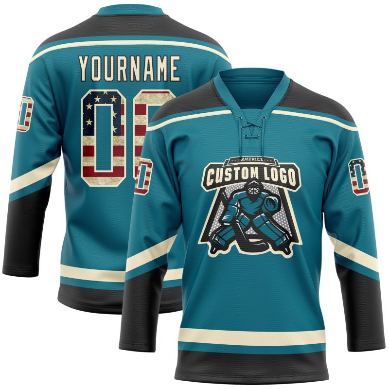 Custom Vintage USA Flag Hockey Lace Neck Jersey - Personalized Teal Cream-Black Team Name & Number Personalized Teal Vintage