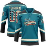 Custom Vintage USA Flag Hockey Lace Neck Jersey - Personalized Teal Cream-Black Team Name & Number Personalized Teal Vintage