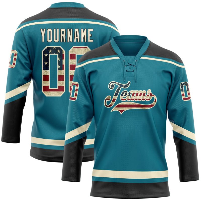 Custom Vintage USA Flag Hockey Lace Neck Jersey - Personalized Teal Cream-Black Team Name & Number Personalized Teal Vintage