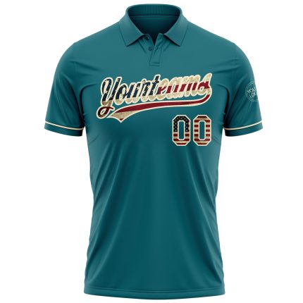 Custom Teal Vintage USA Flag Golf Polo Shirt - Performance Vapor, Personalized with Team Name and Number Personalized Teal
