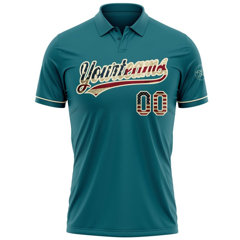 Custom Teal Vintage USA Flag Golf Polo Shirt - Performance Vapor, Personalized with Team Name and Number Personalized Teal