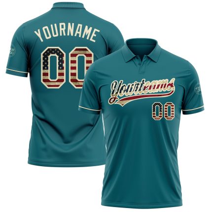 Custom Teal Vintage USA Flag Golf Polo Shirt - Performance Vapor, Personalized with Team Name and Number Personalized Teal