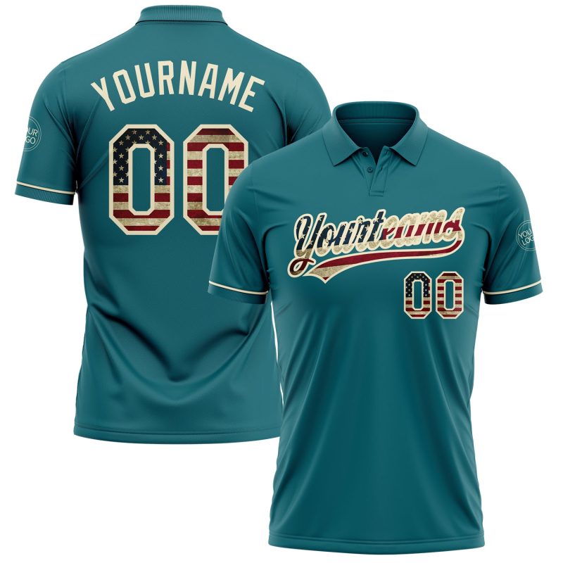 Custom Teal Vintage USA Flag Golf Polo Shirt - Performance Vapor, Personalized with Team Name and Number Personalized Teal