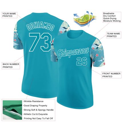 Custom Teal White 3D Pattern Animal Crane T-Shirt with Name and Number Performance Apparel Personalized Teal White 3D Pattern