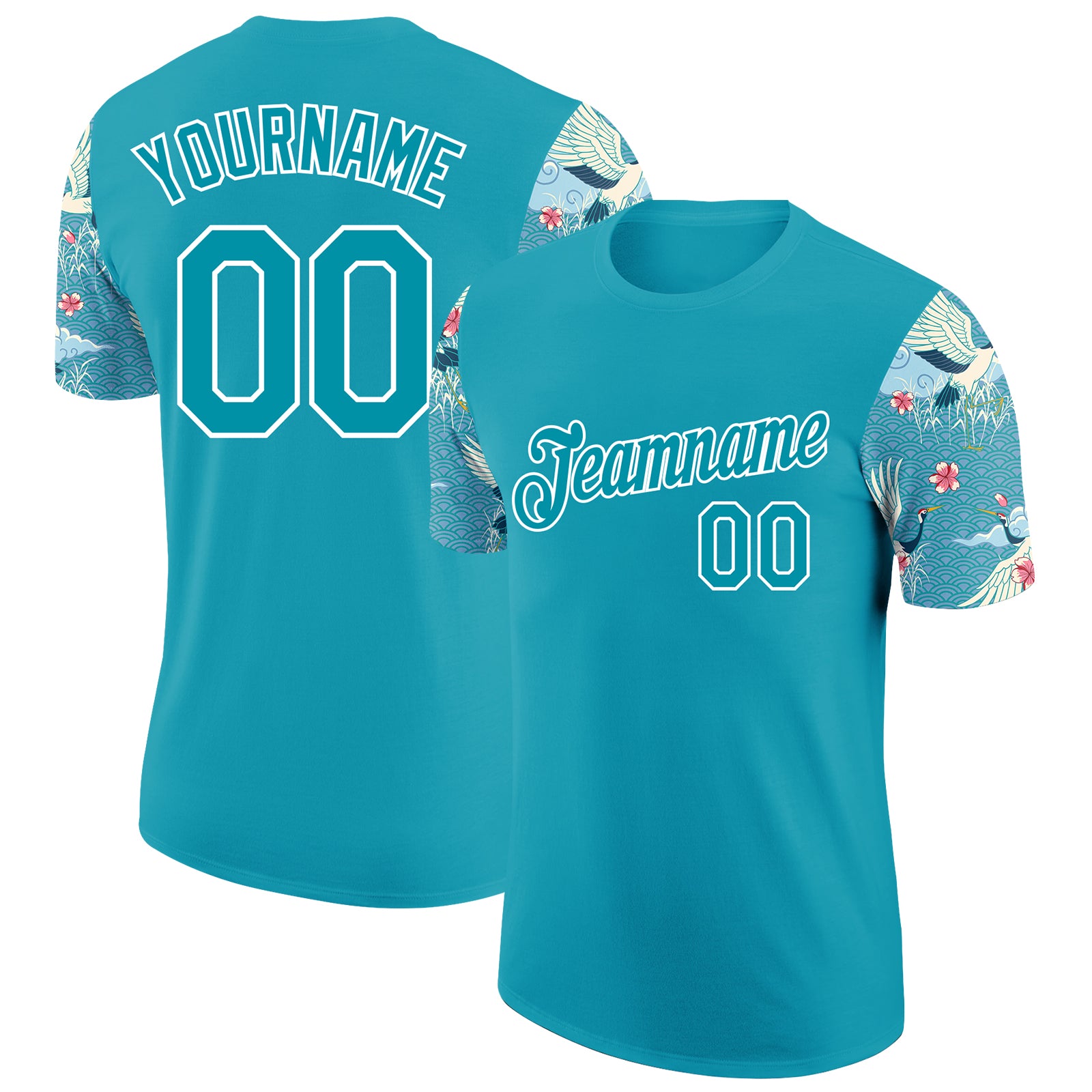 Custom Teal White 3D Pattern Animal Crane T-Shirt with Name and Number Performance Apparel Personalized Teal White 3D Pattern