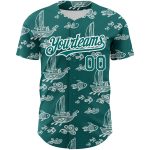 Custom Name and Number Baseball Jersey with Teal White 3D Boats and Fish Pattern Design Personalized Teal White 3D Pattern