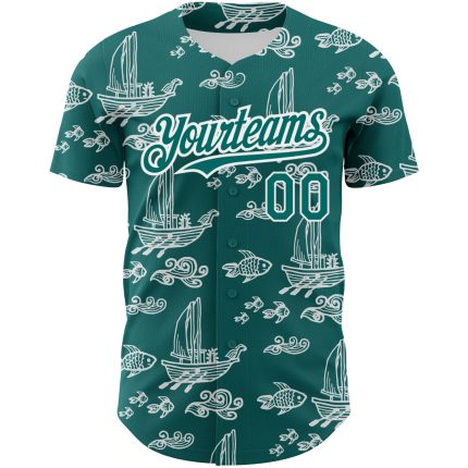 Custom Name and Number Baseball Jersey with Teal White 3D Boats and Fish Pattern Design Personalized Teal White 3D Pattern