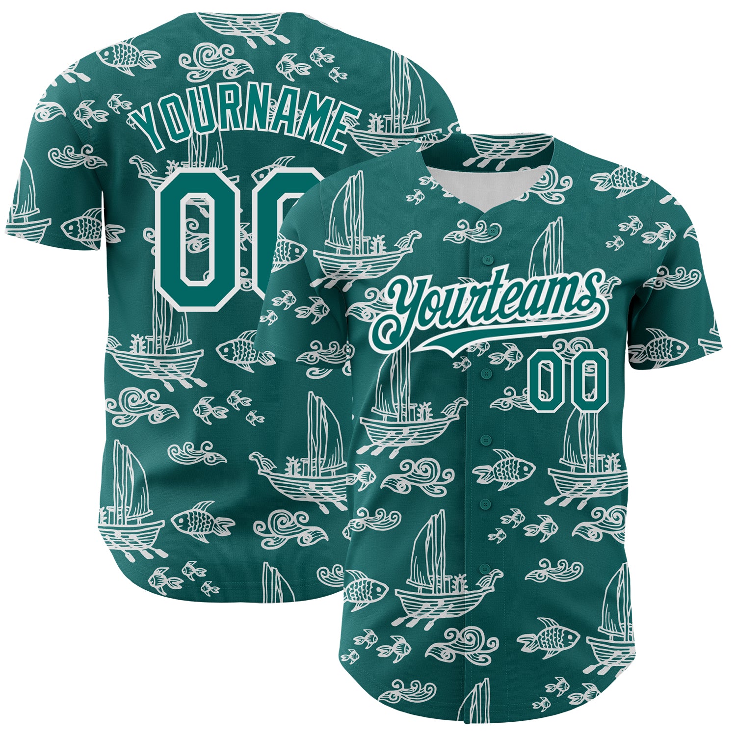 Custom Name and Number Baseball Jersey with Teal White 3D Boats and Fish Pattern Design Personalized Teal White 3D Pattern