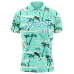 Custom Name and Number Hawaii Palm Trees Golf Polo Shirt, Performance Teal White 3D Pattern Design Personalized Teal White