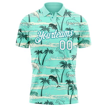 Custom Name and Number Hawaii Palm Trees Golf Polo Shirt, Performance Teal White 3D Pattern Design Personalized Teal White