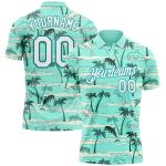 Custom Name and Number Hawaii Palm Trees Golf Polo Shirt, Performance Teal White 3D Pattern Design Personalized Teal White