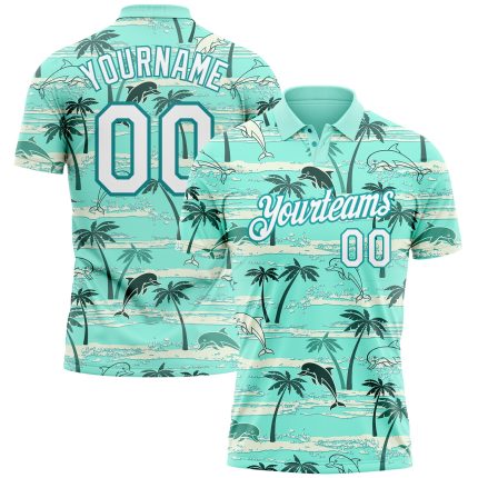 Custom Name and Number Hawaii Palm Trees Golf Polo Shirt, Performance Teal White 3D Pattern Design Personalized Teal White