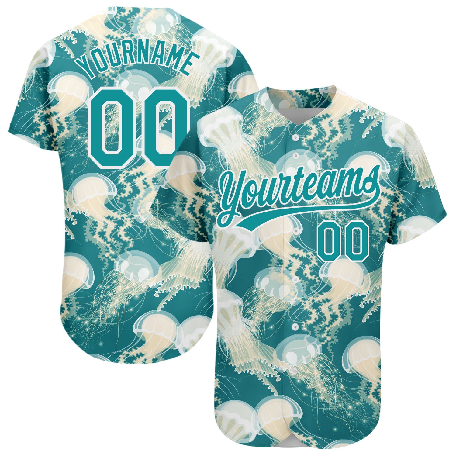 Custom Name Number Authentic Baseball Jersey Teal White 3D Pattern Design Jellyfish Personalized Teal White 3D Pattern Design