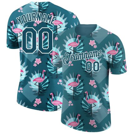 Tropical Hawaii Flamingo Custom Name and Number Performance T-Shirt with Teal White 3D Pattern Design Personalized Teal White