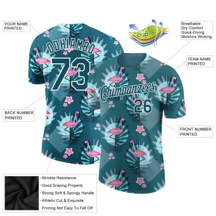 Tropical Hawaii Flamingo Custom Name and Number Performance T-Shirt with Teal White 3D Pattern Design Personalized Teal White