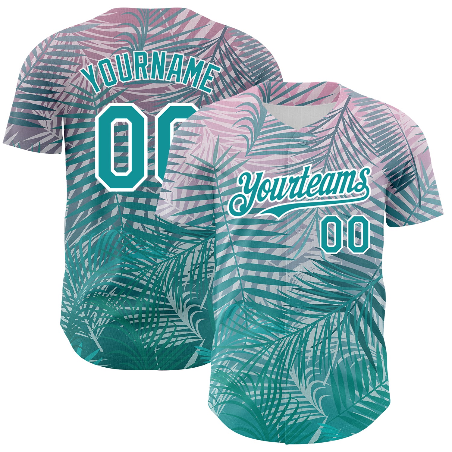 Custom Tropical Palm Leaves Baseball Jersey with Personalized Name and Number - 3D Teal White Design Personalized Teal White