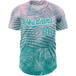 Custom Tropical Palm Leaves Baseball Jersey with Personalized Name and Number - 3D Teal White Design Personalized Teal White