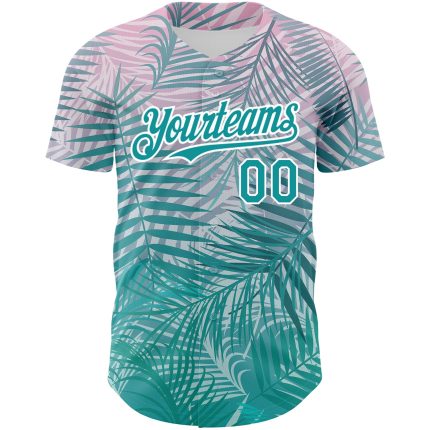 Custom Tropical Palm Leaves Baseball Jersey with Personalized Name and Number - 3D Teal White Design Personalized Teal White