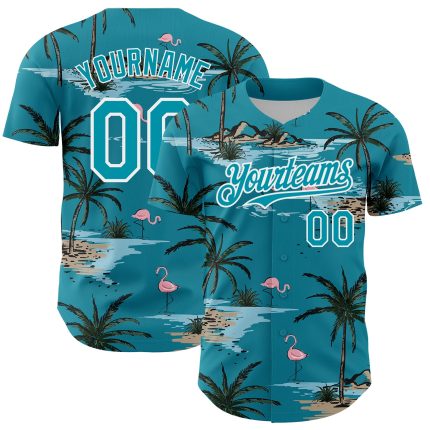 Custom Hawaii Palm Trees Baseball Jersey - Personalized Teal White 3D Pattern with Name and Number Personalized Teal White
