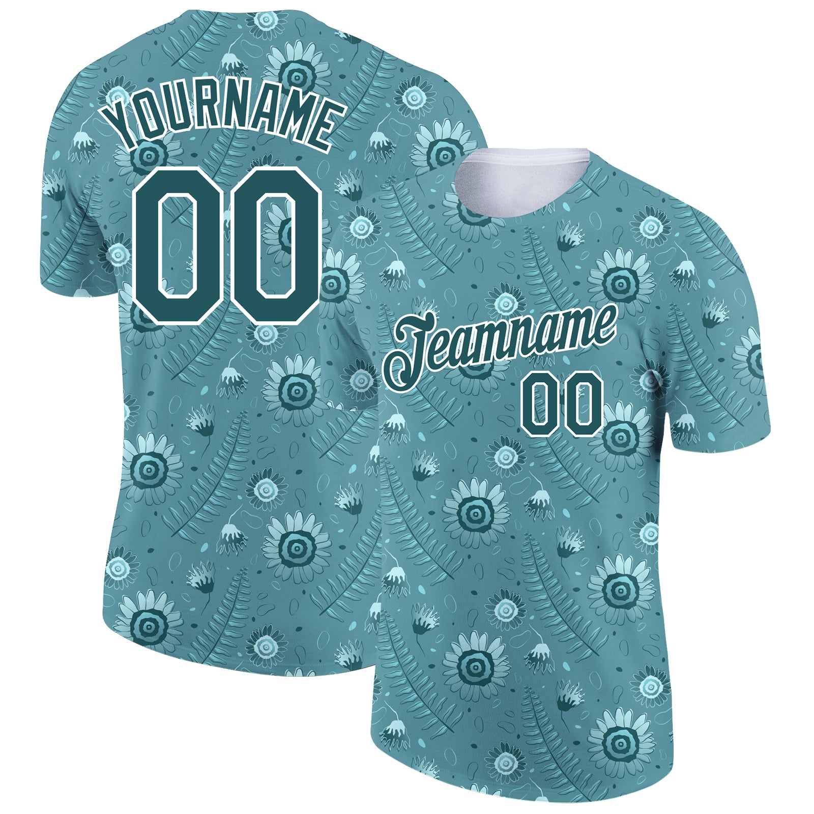 Custom Tropical Palm Leaf and Flower Performance T-Shirt with Personalized Teal White 3D Pattern, Team Name and Number Personalized