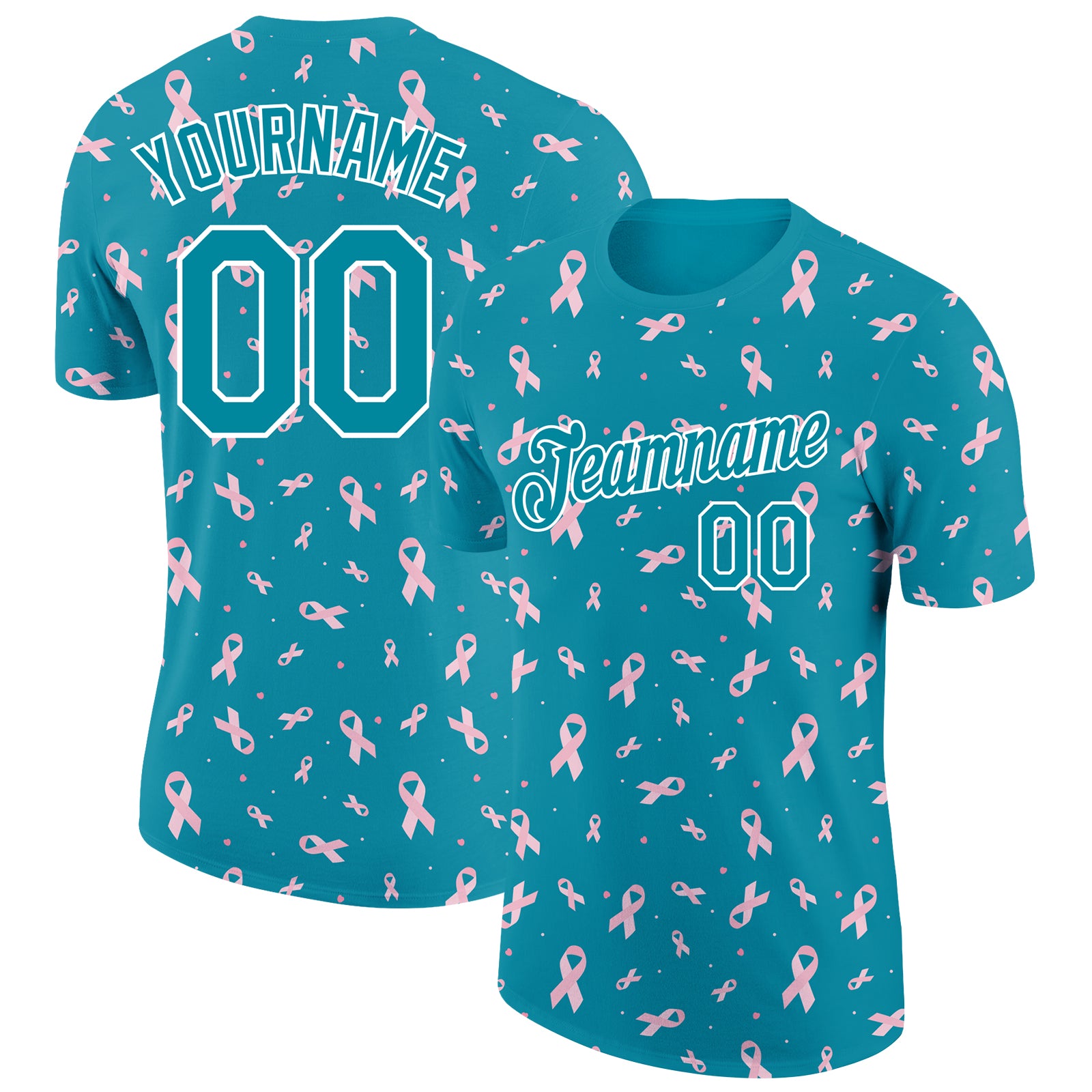 Custom Name and Number Teal White 3D Pink Ribbon Breast Cancer T-Shirt Personalized Teal White 3D Pink Ribbon Breast Cancer