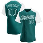 Personalized Custom Name Number Baseball Jersey Teal White Authentic Raglan Sleeves Personalized Teal White Authentic Raglan
