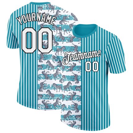 Custom Animal Zebra Performance T-Shirt with 3D Teal White-Black Design | Personalized Team Name and Number Personalized