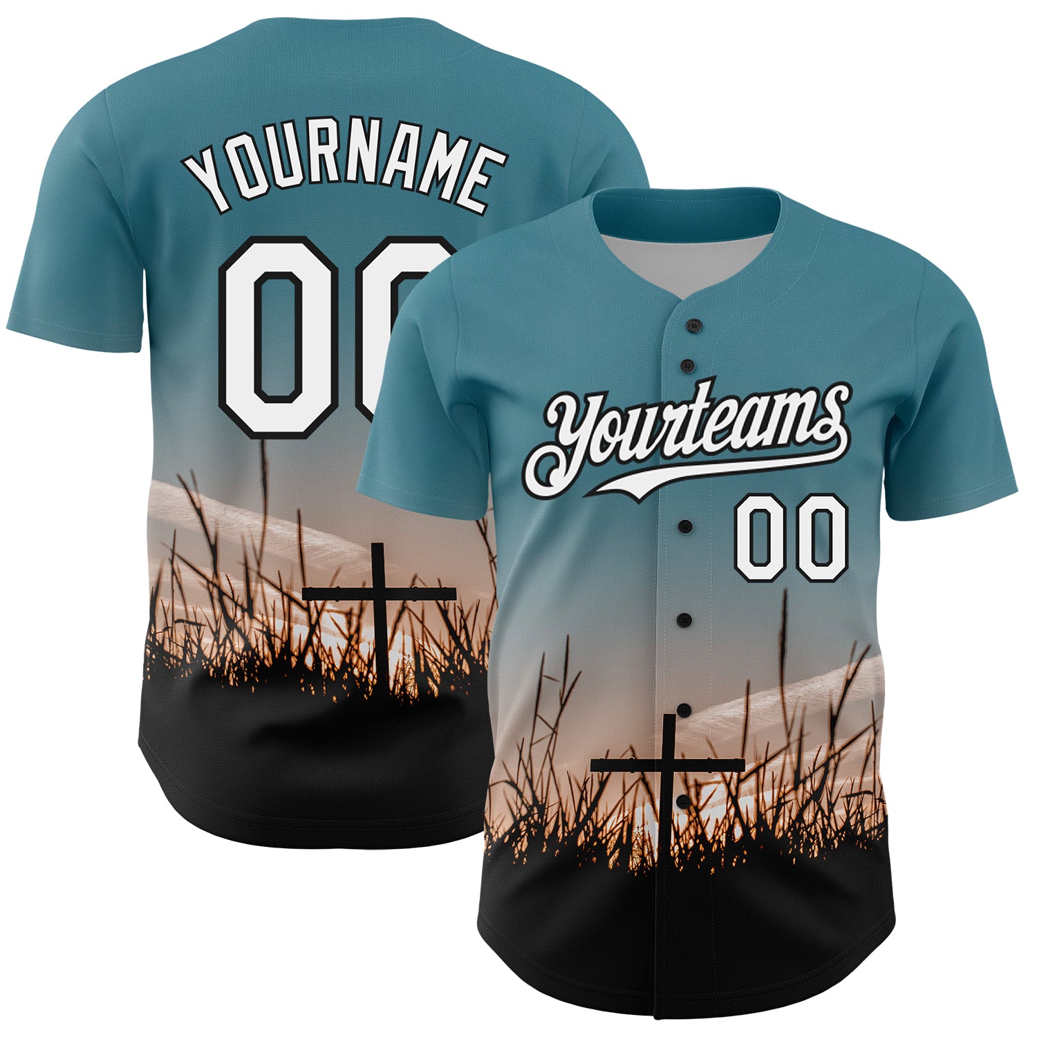 Personalized Cross Jesus Christ Good Friday Jersey | Custom Name & Number 3D Teal White-Black Baseball Team Design Personalized