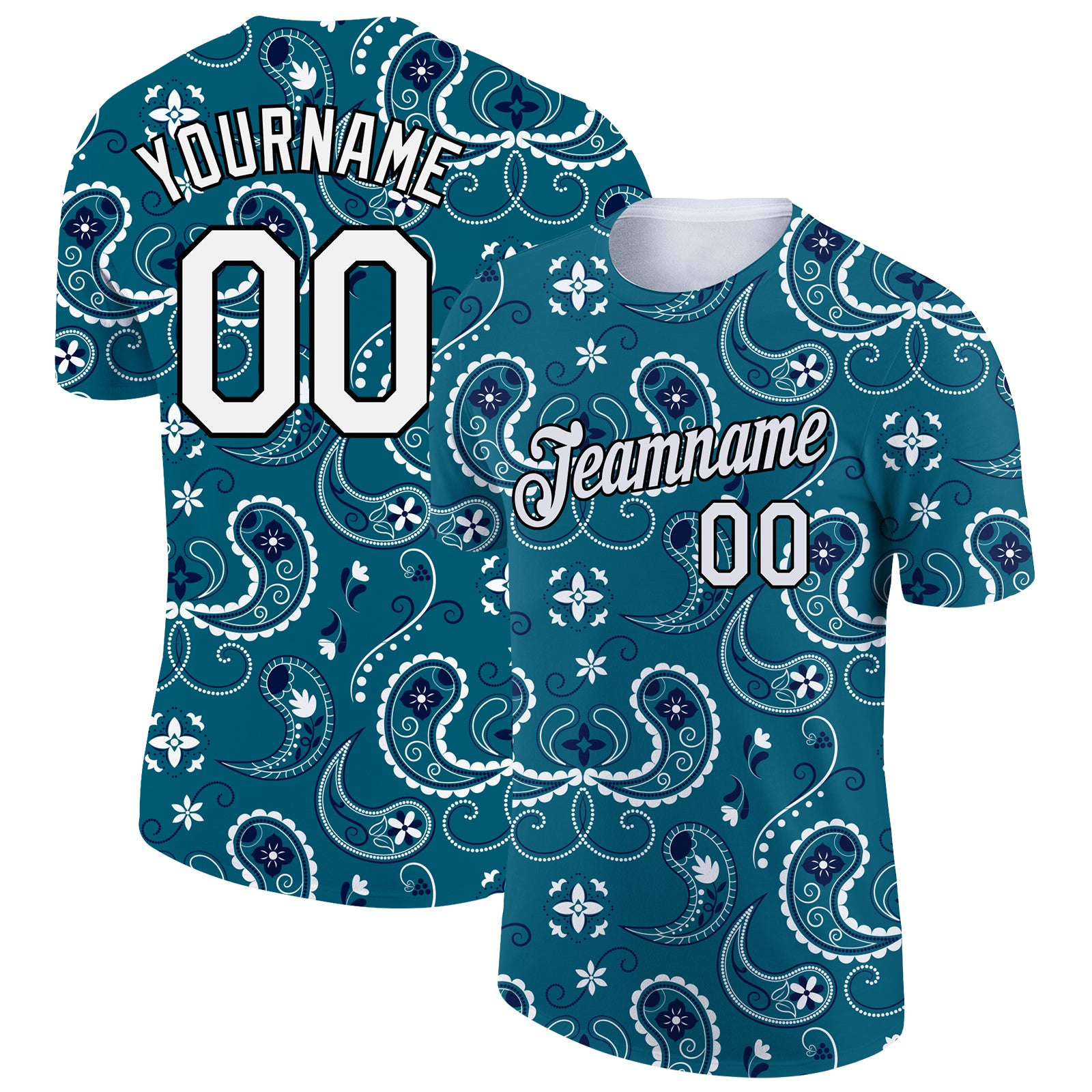 Custom Team Performance T-Shirt with Personalized Name & Number, Teal White Black 3D Floral Design Personalized Teal White-Black