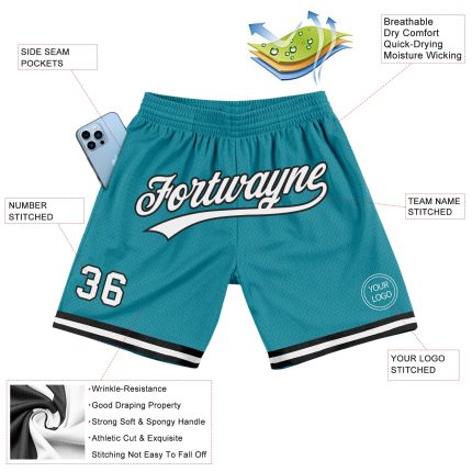 Custom Team Basketball Shorts with Name and Number - Personalized Teal White-Black Authentic Throwback Style Personalized