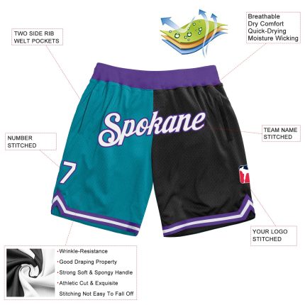 Custom Teal Black-White Fashion Basketball Shorts - Authentic Throwback Style Personalized Teal White-Black Authentic Throwback