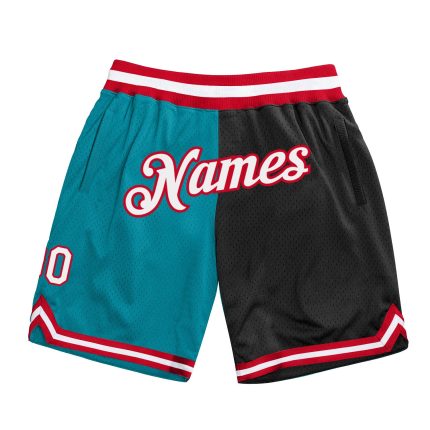 Custom Basketball Shorts with Team Name and Number | Authentic Teal White-Black Throwback Split Design Personalized Teal