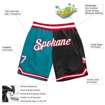 Custom Basketball Shorts with Team Name and Number | Authentic Teal White-Black Throwback Split Design Personalized Teal