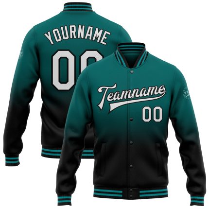 Custom Varsity Letterman Bomber Jacket for Men, Teal Black White Fade, Personalized with Name and Number Personalized Teal