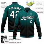 Custom Varsity Letterman Bomber Jacket for Men, Teal Black White Fade, Personalized with Name and Number Personalized Teal