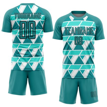 Custom Name and Number Soccer Uniform Jersey - Personalized Teal White Black Geometric Shapes Design Personalized Teal White-Black