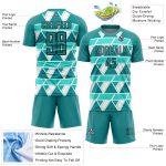 Custom Name and Number Soccer Uniform Jersey - Personalized Teal White Black Geometric Shapes Design Personalized Teal White-Black