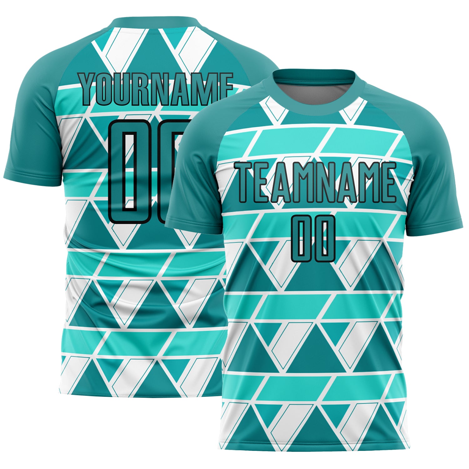Custom Name and Number Soccer Uniform Jersey - Personalized Teal White Black Geometric Shapes Design Personalized Teal White-Black