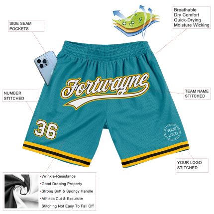 Custom Name and Number Basketball Shorts - Teal, White, Black, Gold - Authentic Throwback Style Personalized Teal White Black-Gold